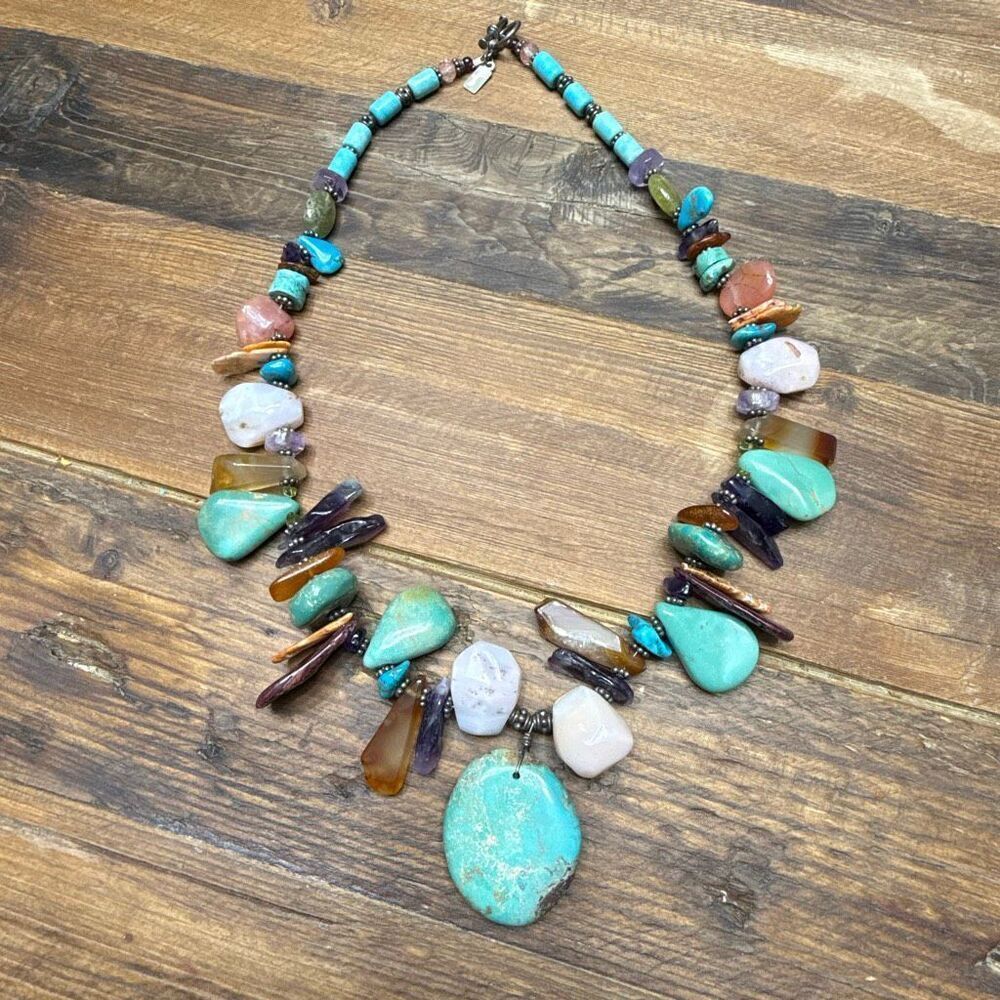 Signed Judy Rosetta OOAK Multi-Stone Necklace 112g+ Turquoise Slab Pendant